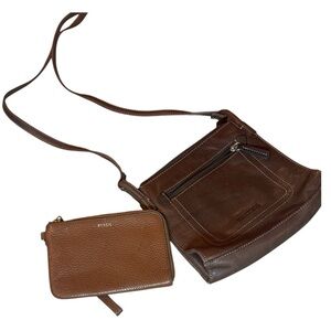 2pc Fossil lot of Supple Brown leather purses wristlet pouch and crossbody purse